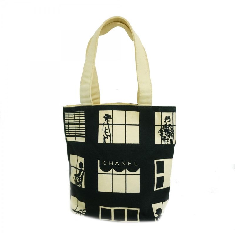Chanel Tote Bag Window Canvas Black White Chien Pan Gold Hardware Women's