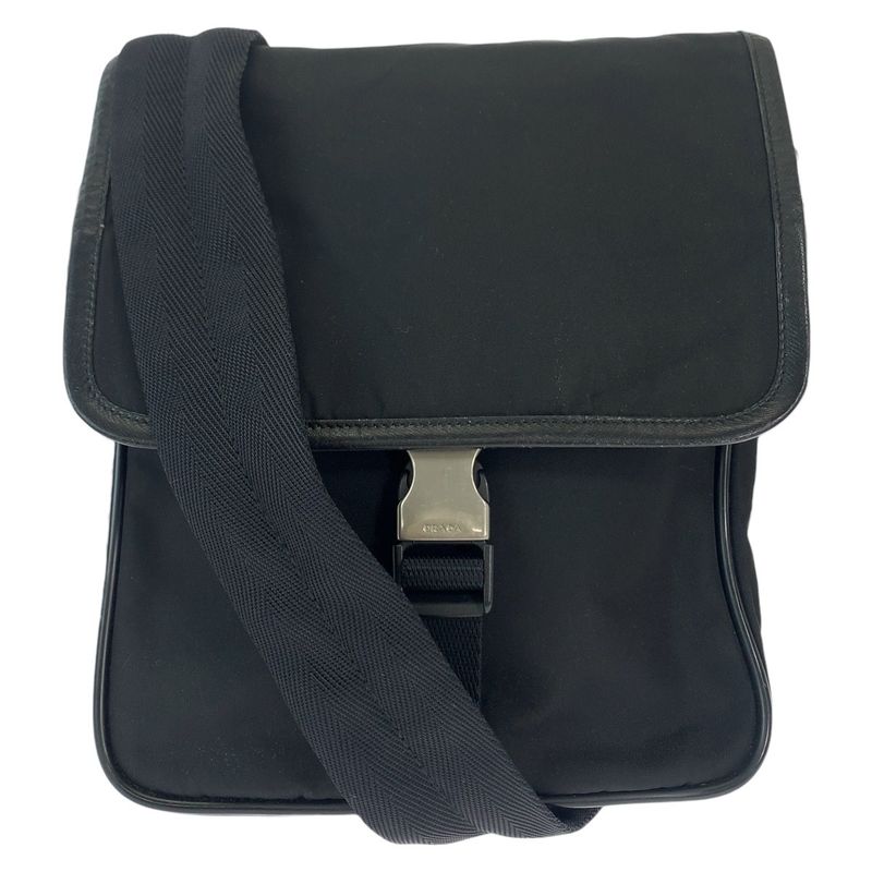 Prada Tessuto Triangle Logo Plate Unisex Black Silver Hardware Nylon Shoulder