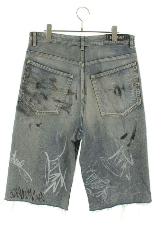 Balenciaga 745261 Tnw01 Baggy Graffiti Denim Shorts Half Pants Men's XS