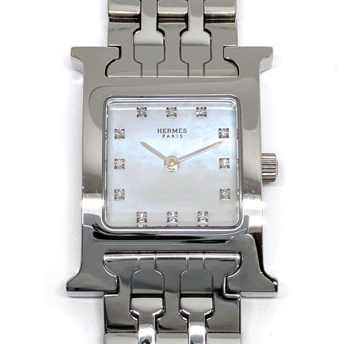 Hermes Watch Hh1.210 12 Points Diamond Index Square White Shell Dial SS Quartz
