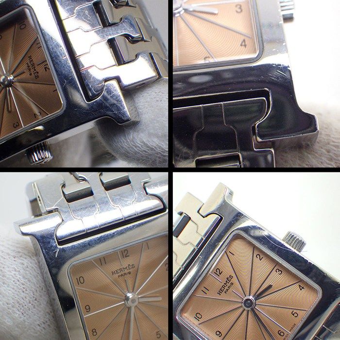 Hermes Watch Hh1.210 Square Pink Guilloche Dial SS Quartz Analog