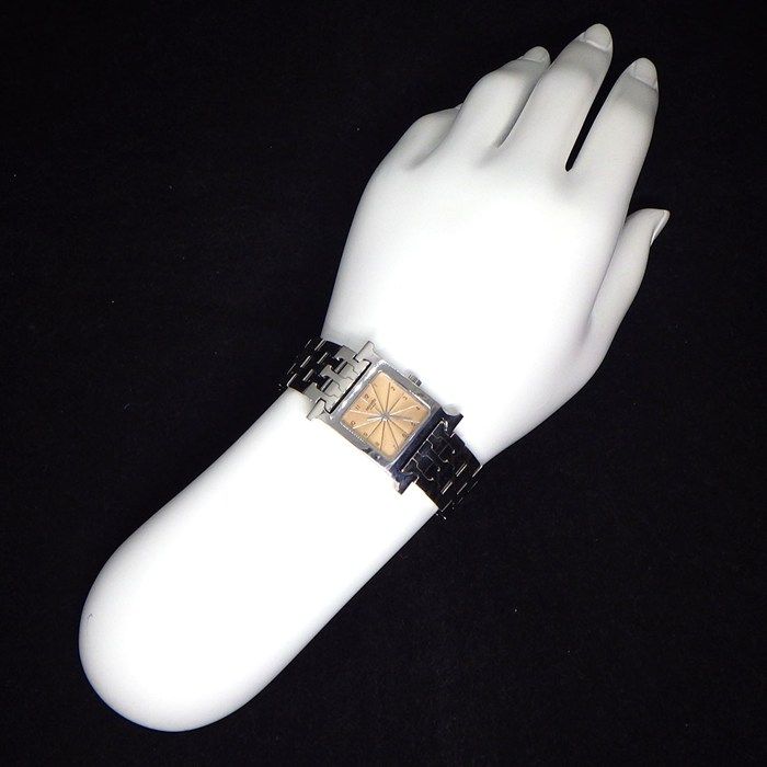 Hermes Watch Hh1.210 Square Pink Guilloche Dial SS Quartz Analog