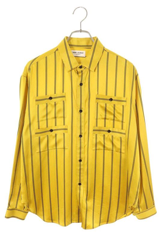 Saint Laurent Paris 663675 Y2d18 Silk Stripe Pocket Long Sleeve Shirt Men's 37