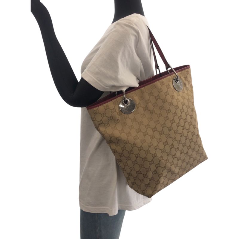 Gucci Beige Red Silver Hardware GG Canvas 120836 Tote Bag Handbag Women 506100