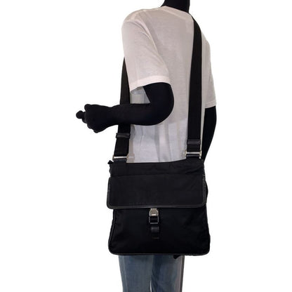 Prada Triangle Logo Plate Tessuto Black Silver Hardware Nylon Shoulder Bag