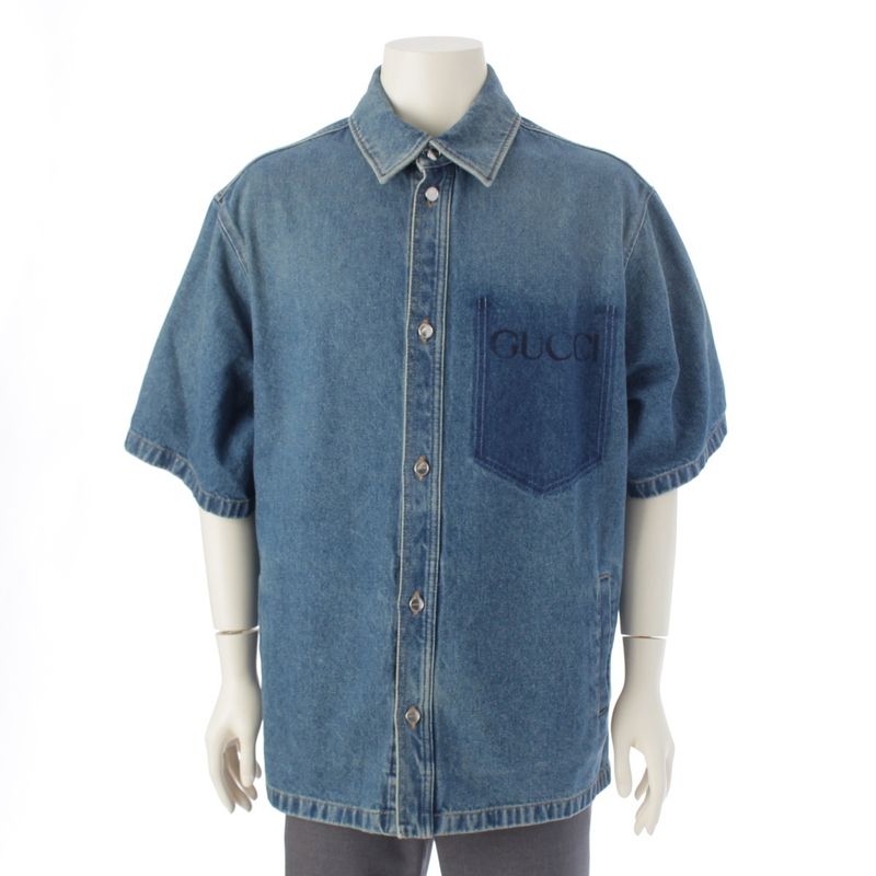 Gucci 24 Logo Washed Denim Jacket Shirt G Jean 785759 Blue 46