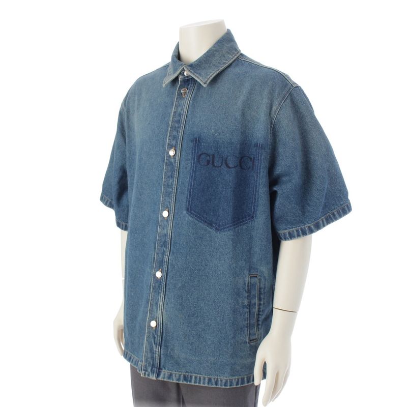 Gucci 24 Logo Washed Denim Jacket Shirt G Jean 785759 Blue 46