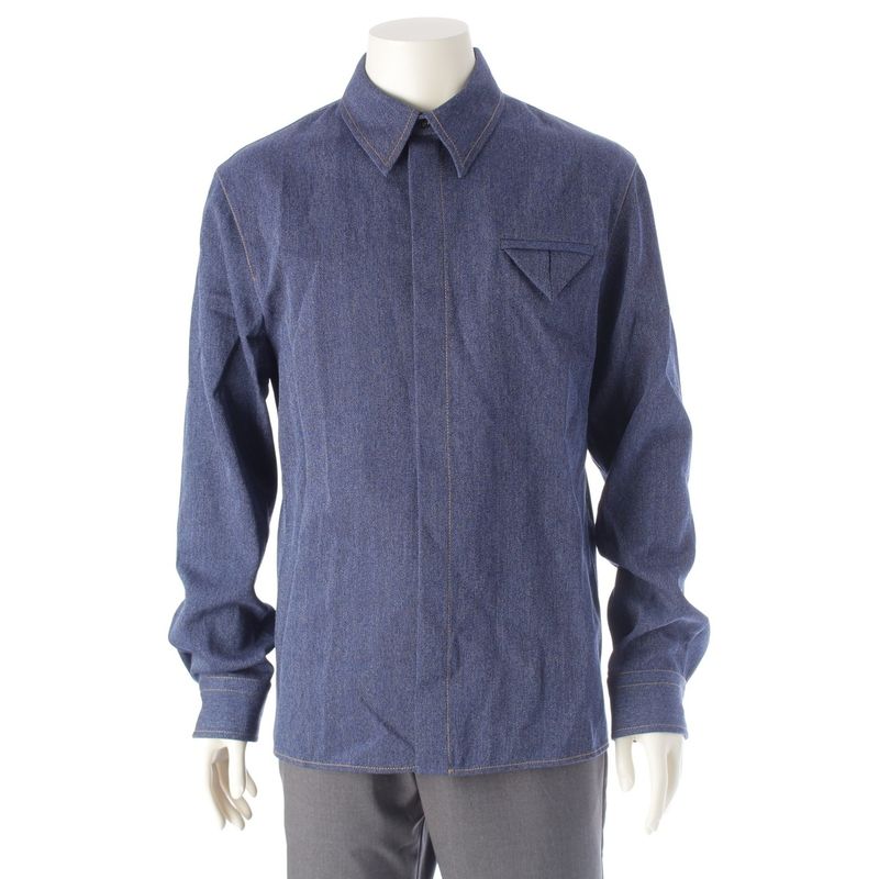Bottega Veneta '24 Wool Twill Denim Winged Long Sleeve Shirt Top 703578 Indigo
