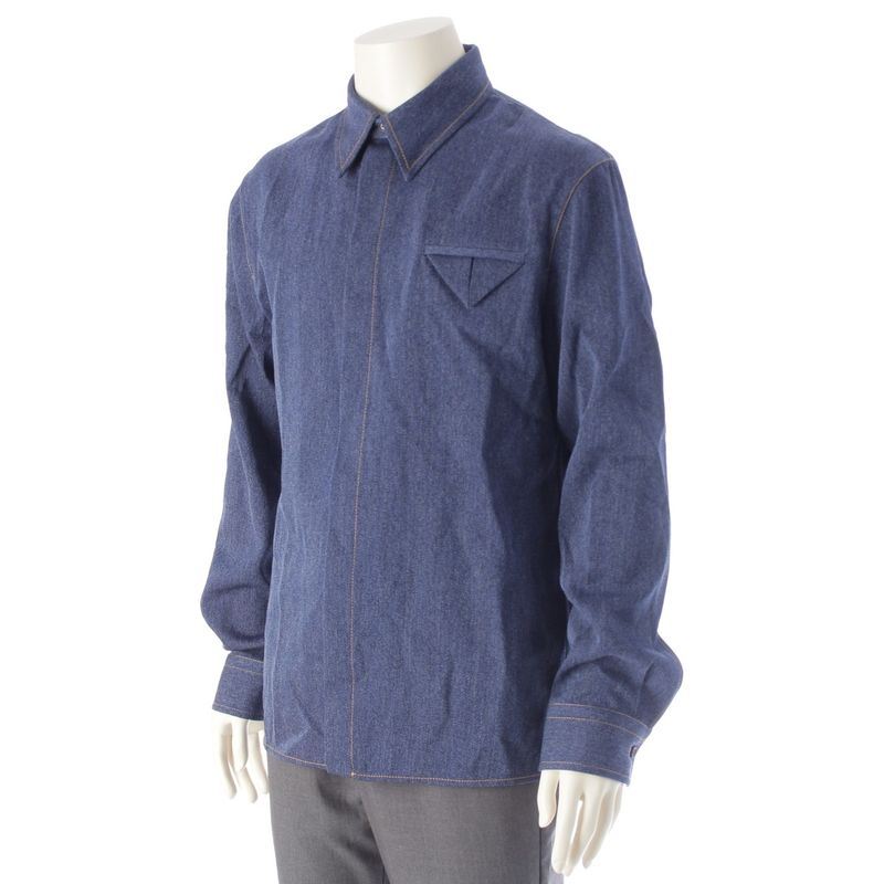 Bottega Veneta '24 Wool Twill Denim Winged Long Sleeve Shirt Top 703578 Indigo