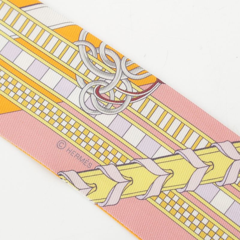 Hermes Twilly Brides Et Gris Horse Ligament and Charm Silk Stripe Scarf Orange