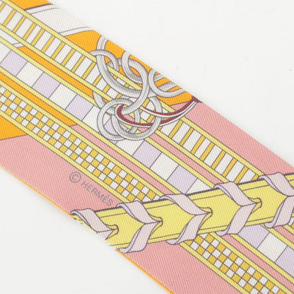 Hermes Twilly Brides Et Gris Horse Ligament and Charm Silk Stripe Scarf Orange