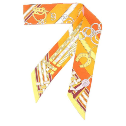 Hermes Twilly Brides Et Gris Horse Ligament and Charm Silk Stripe Scarf Orange