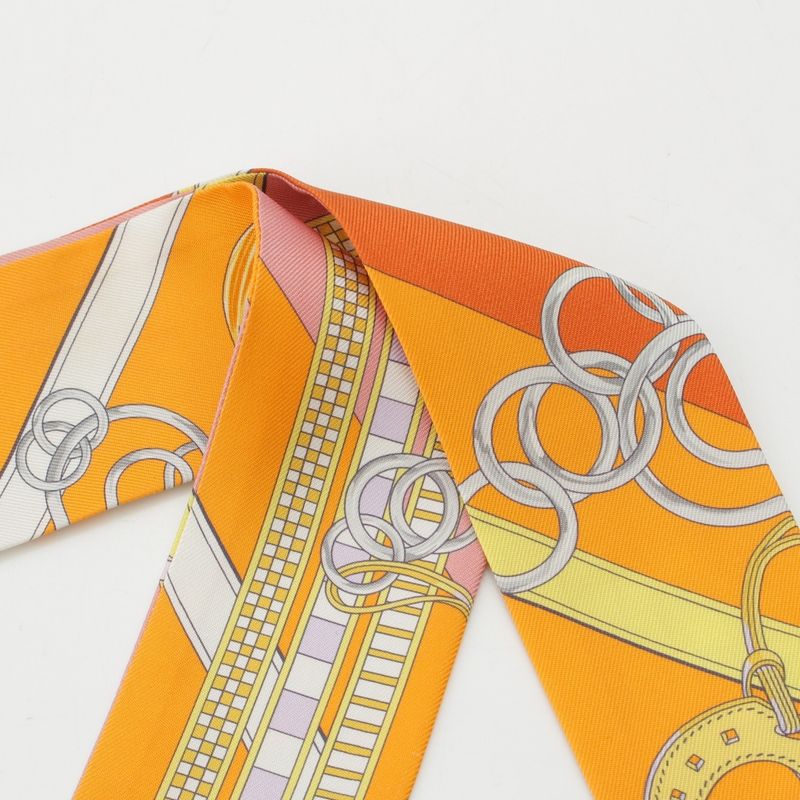 Hermes Twilly Brides Et Gris Horse Ligament and Charm Silk Stripe Scarf Orange