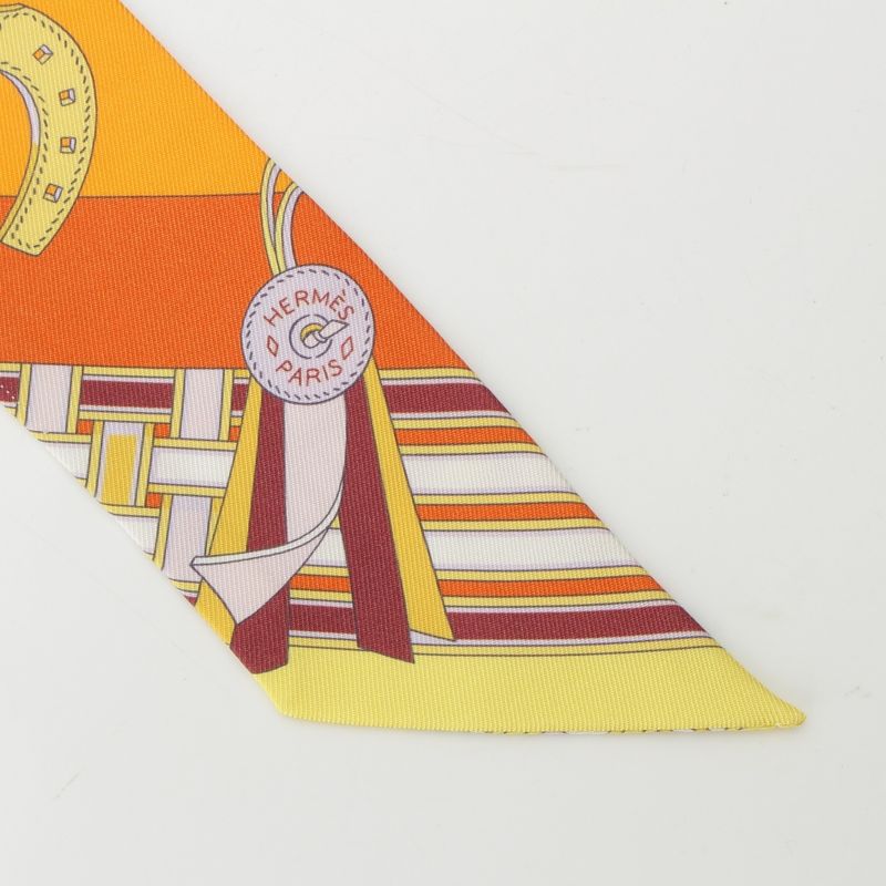 Hermes Twilly Brides Et Gris Horse Ligament and Charm Silk Stripe Scarf Orange