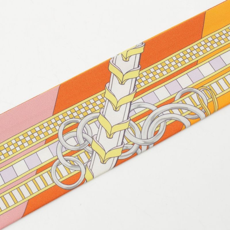 Hermes Twilly Brides Et Gris Horse Ligament and Charm Silk Stripe Scarf Orange