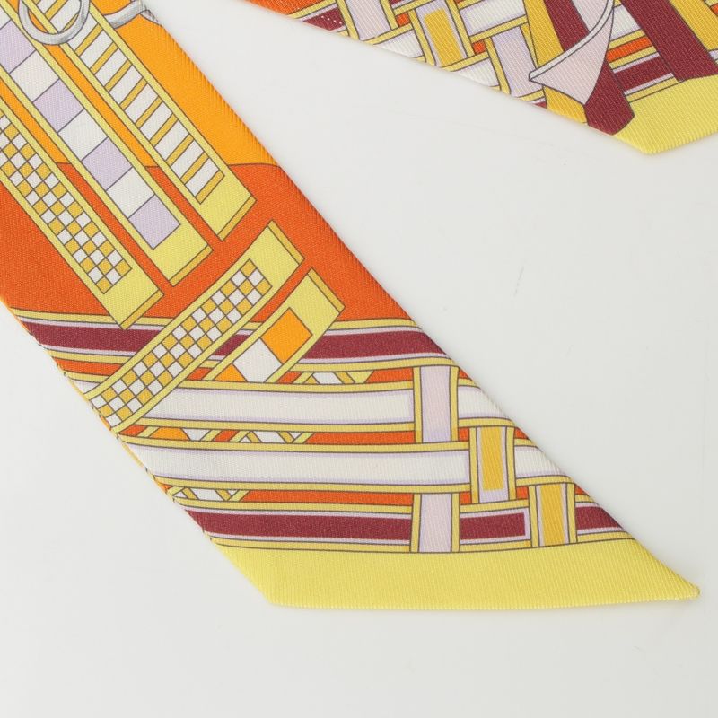 Hermes Twilly Brides Et Gris Horse Ligament and Charm Silk Stripe Scarf Orange