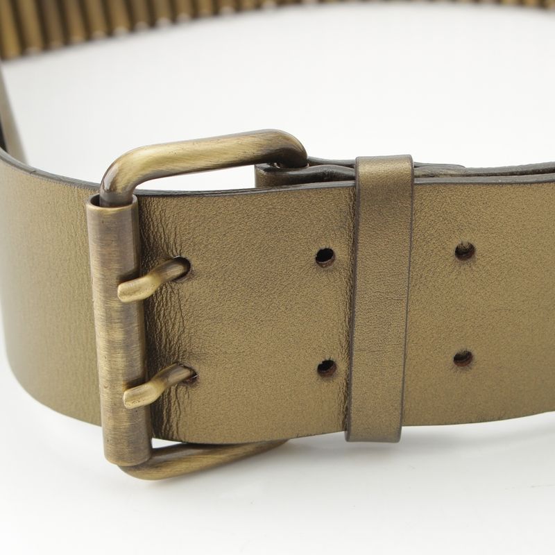 Celine 2001 Leather Metal Roller Runway Double Pin Triomphe Belt Gold 32 80