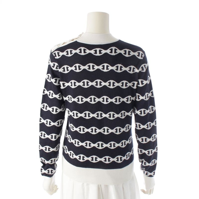 Hermes Cashmere Silk Chaine D'ancre Knit Sweater Top Navy White 36