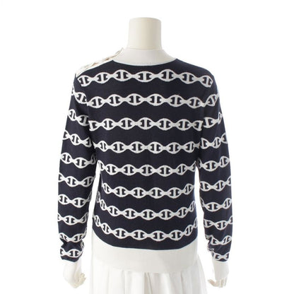 Hermes Cashmere Silk Chaine D'ancre Knit Sweater Top Navy White 36