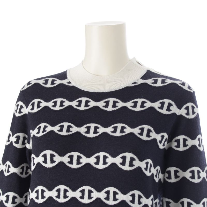 Hermes Cashmere Silk Chaine D'ancre Knit Sweater Top Navy White 36
