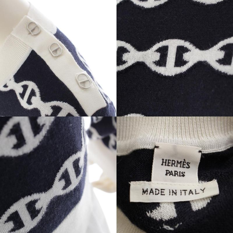 Hermes Cashmere Silk Chaine D'ancre Knit Sweater Top Navy White 36