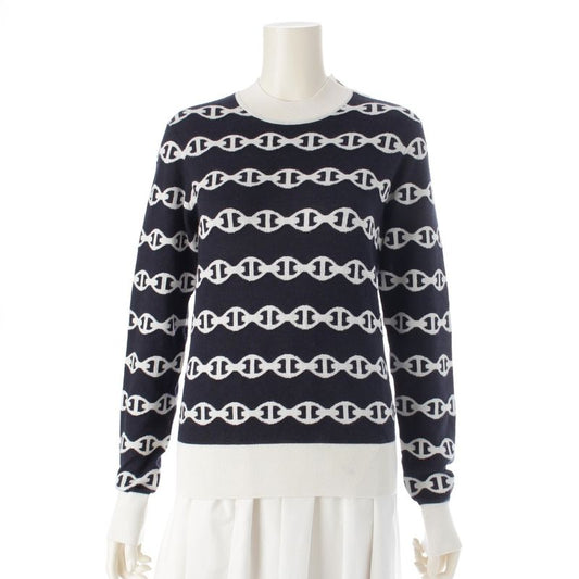 Hermes Cashmere Silk Chaine D'ancre Knit Sweater Top Navy White 36