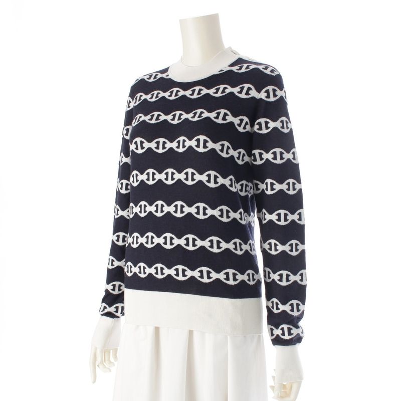 Hermes Cashmere Silk Chaine D'ancre Knit Sweater Top Navy White 36
