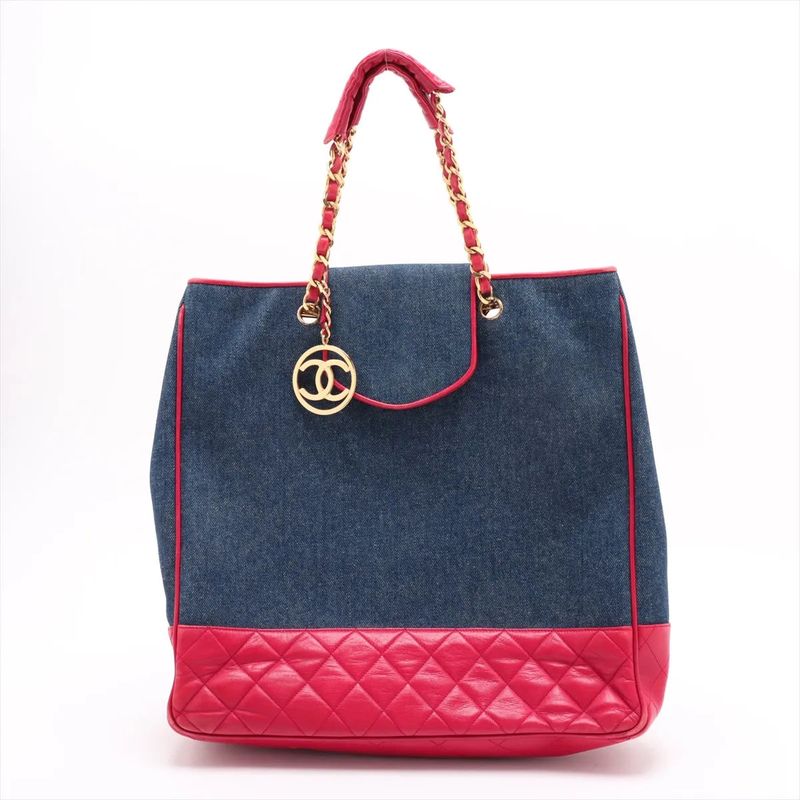 Chanel With Serial Seal Matelasse Denim Red Tote Bag Shoulder Hand A4 Ladies