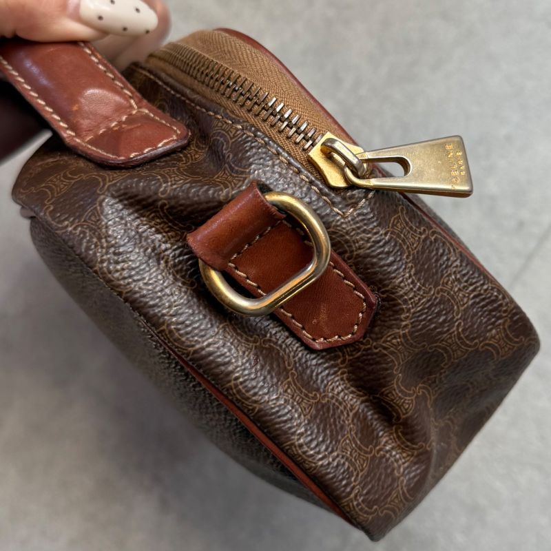 Celine Macadam Pattern Vintage Mini Handbag Pouch Triomphe Calf Leather Brown