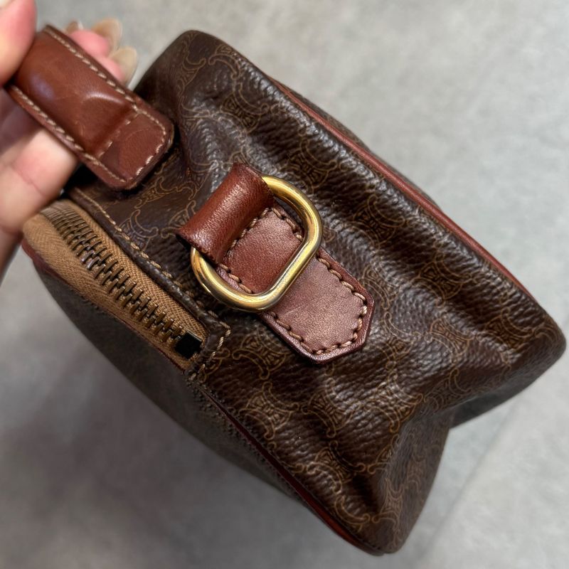 Celine Macadam Pattern Vintage Mini Handbag Pouch Triomphe Calf Leather Brown
