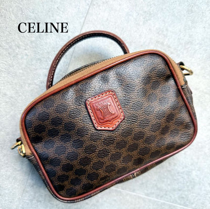 Celine Macadam Pattern Vintage Mini Handbag Pouch Triomphe Calf Leather Brown