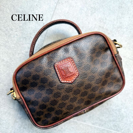 Celine Macadam Pattern Vintage Mini Handbag Pouch Triomphe Calf Leather Brown