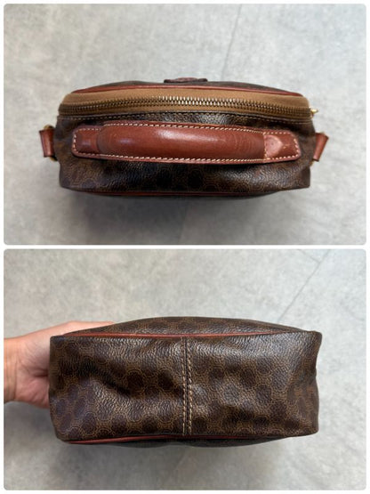 Celine Macadam Pattern Vintage Mini Handbag Pouch Triomphe Calf Leather Brown