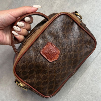Celine Macadam Pattern Vintage Mini Handbag Pouch Triomphe Calf Leather Brown