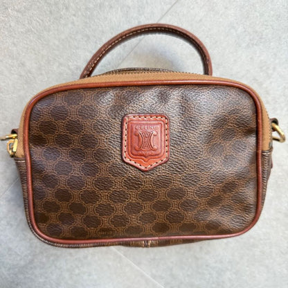Celine Macadam Pattern Vintage Mini Handbag Pouch Triomphe Calf Leather Brown