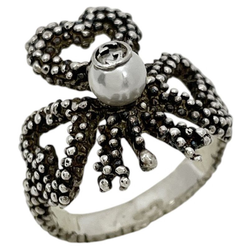 Gucci Interlocking G Ring Heart Clover Ring #11.5 Silver 925 Faux Pearl Silver