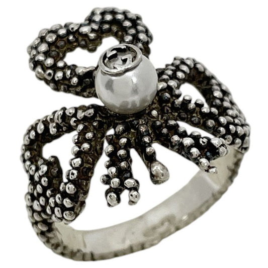 Gucci Interlocking G Ring Heart Clover Ring #11.5 Silver 925 Faux Pearl Silver