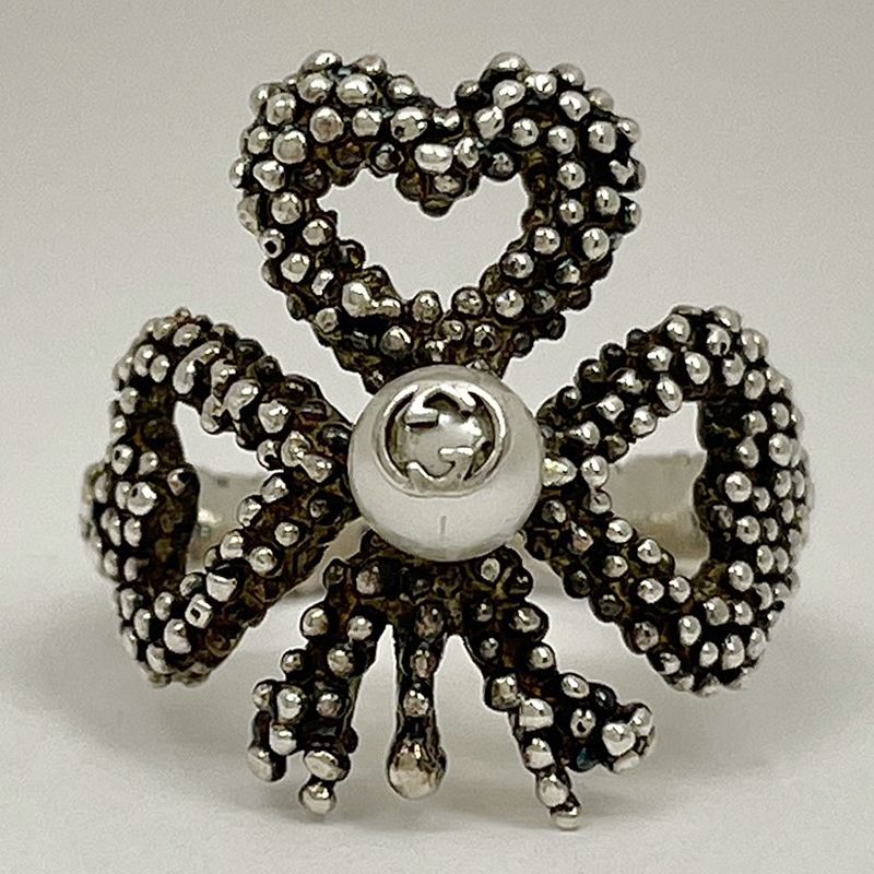 Gucci Interlocking G Ring Heart Clover Ring #11.5 Silver 925 Faux Pearl Silver