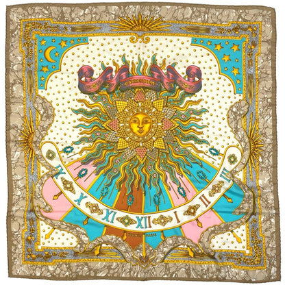 Hermes Carré 90 Carpe Diem Enjoy the Day Sun Moon Stars Scarf Silk Beige