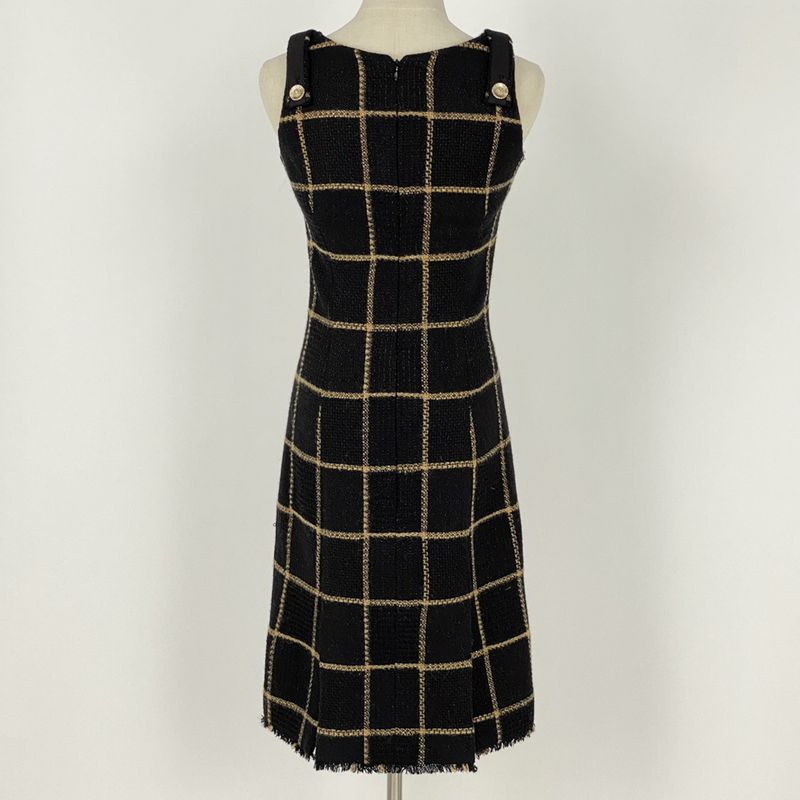 Chanel Coco Mark Button Tweed Dress Check Lame Dress Skirt Wool Nylon Black