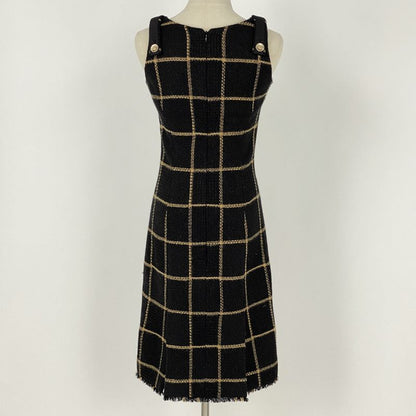 Chanel Coco Mark Button Tweed Dress Check Lame Dress Skirt Wool Nylon Black