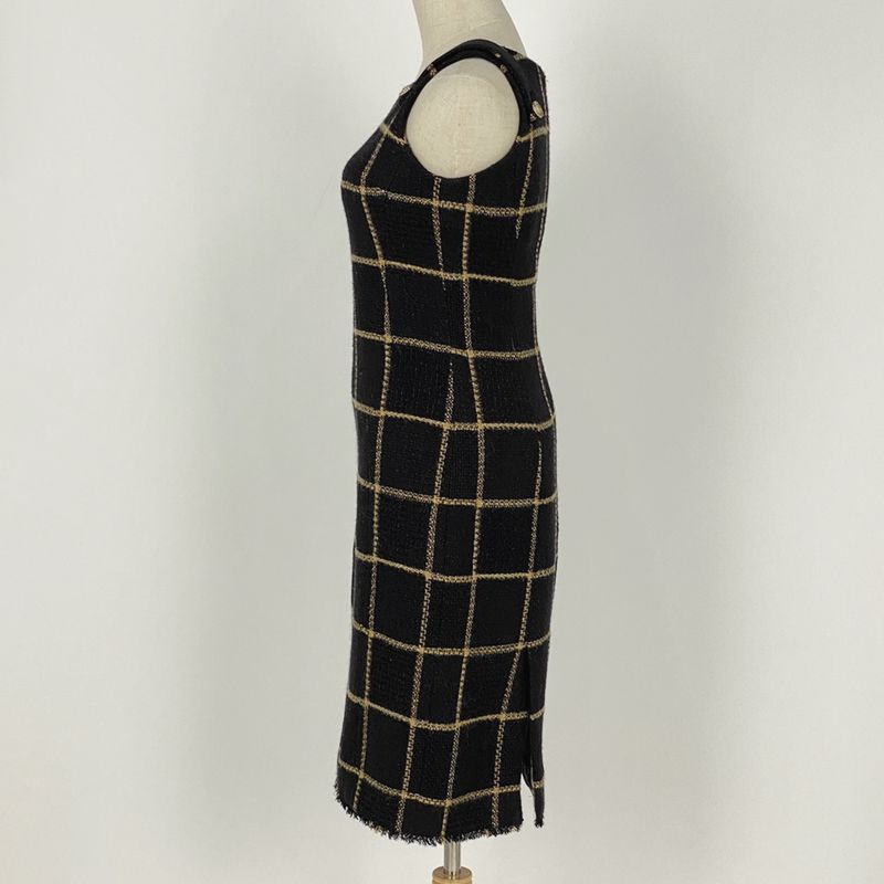 Chanel Coco Mark Button Tweed Dress Check Lame Dress Skirt Wool Nylon Black