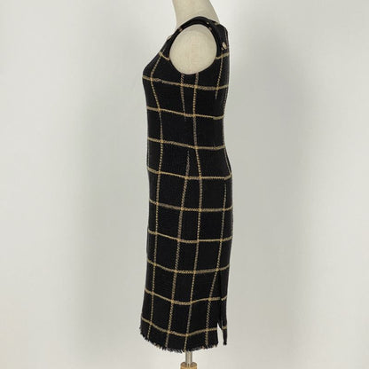 Chanel Coco Mark Button Tweed Dress Check Lame Dress Skirt Wool Nylon Black