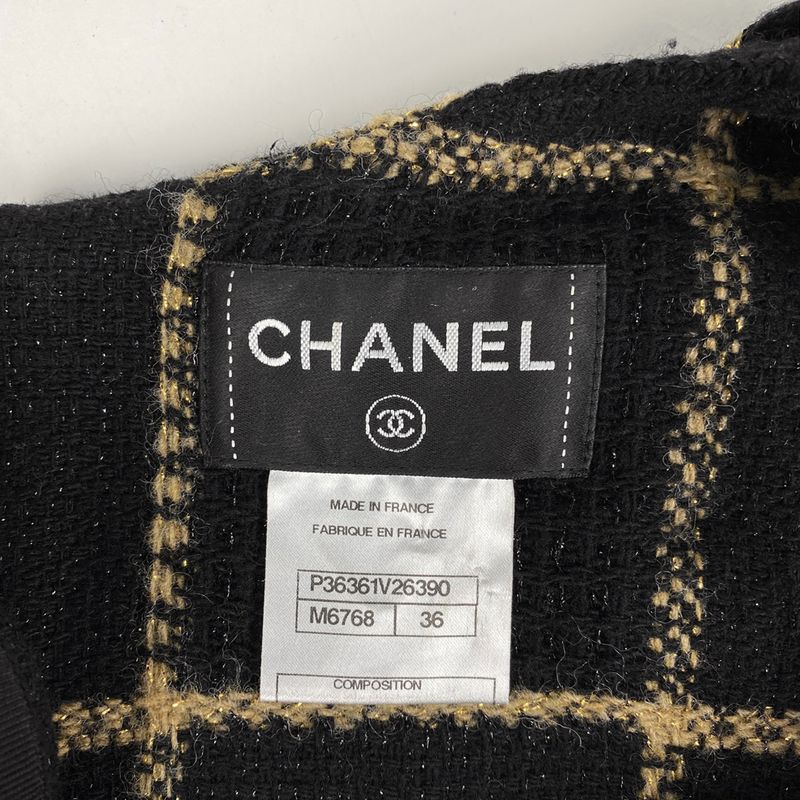 Chanel Coco Mark Button Tweed Dress Check Lame Dress Skirt Wool Nylon Black