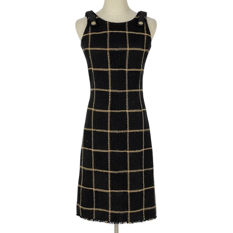 Chanel Coco Mark Button Tweed Dress Check Lame Dress Skirt Wool Nylon Black