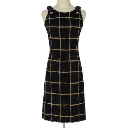 Chanel Coco Mark Button Tweed Dress Check Lame Dress Skirt Wool Nylon Black