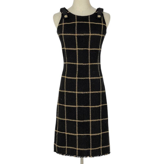 Chanel Coco Mark Button Tweed Dress Check Lame Dress Skirt Wool Nylon Black