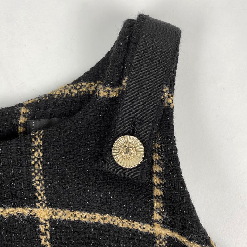 Chanel Coco Mark Button Tweed Dress Check Lame Dress Skirt Wool Nylon Black