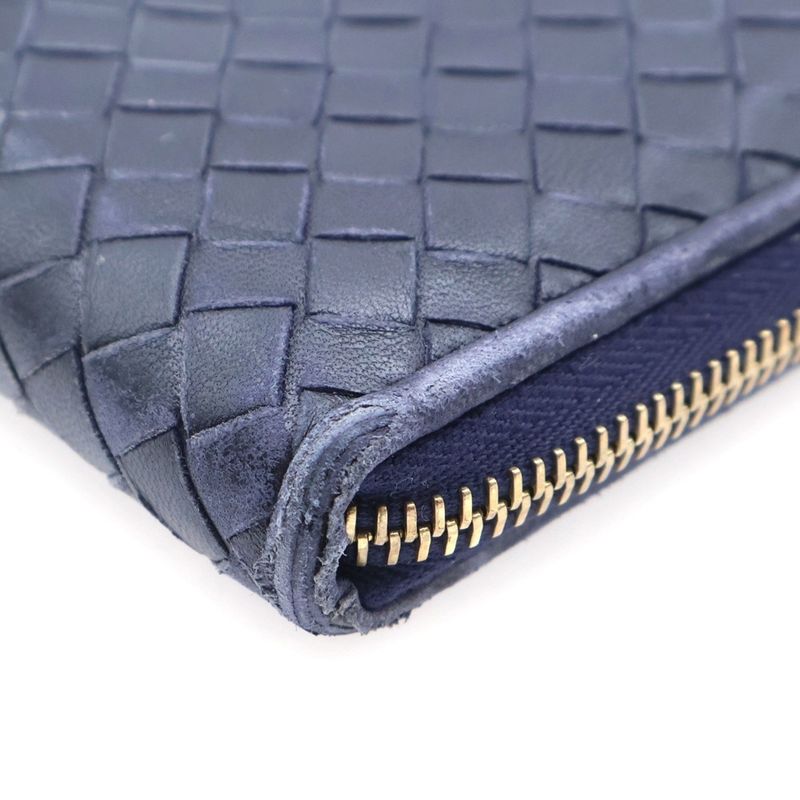 Bottega Veneta Intrecciato Long Wallet Long Wallet Navy Leather Gold Hardware