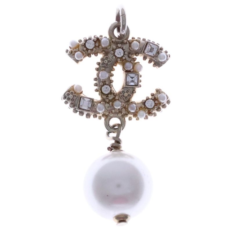 Chanel Coco Mark Rhinestone Pearl Top Necklace Pendant Gold GP